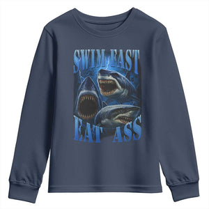 Retro Sharks Youth Sweatshirt Swim Fast Eat Ass Vintage 90s Bootleg Graphic TS10 Navy Print Your Wear
