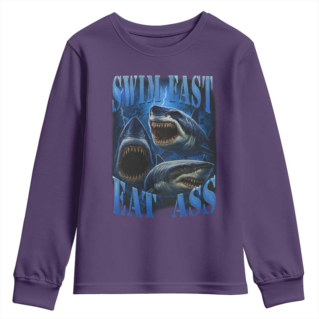 Retro Sharks Youth Sweatshirt Swim Fast Eat Ass Vintage 90s Bootleg Graphic TS10 Purple Print Your Wear