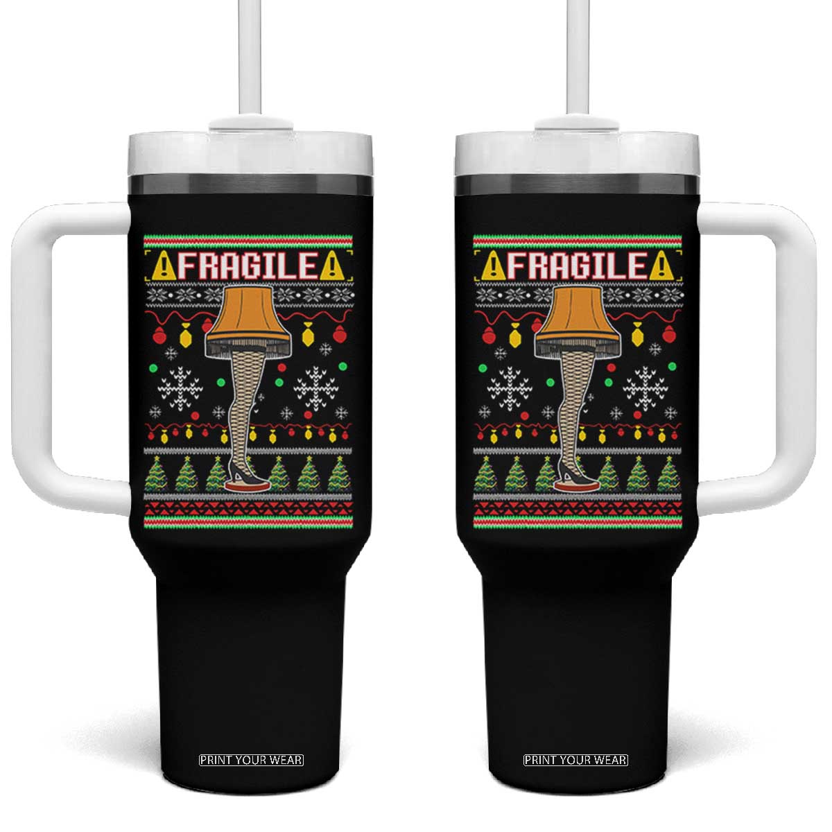 Leg Lamp Ugly Christmas Tumbler With Handle Funny Xmas Movie Fragile TS10 One Size: 40 oz Black Print Your Wear