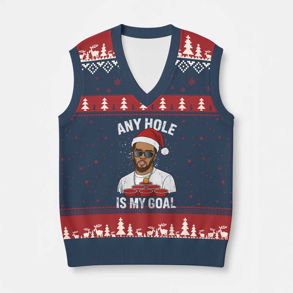Funny Xmas Diddy V-Neck Knit Sweater Vest Any Hole is My Goal TS10 Navy Red Print Your Wear