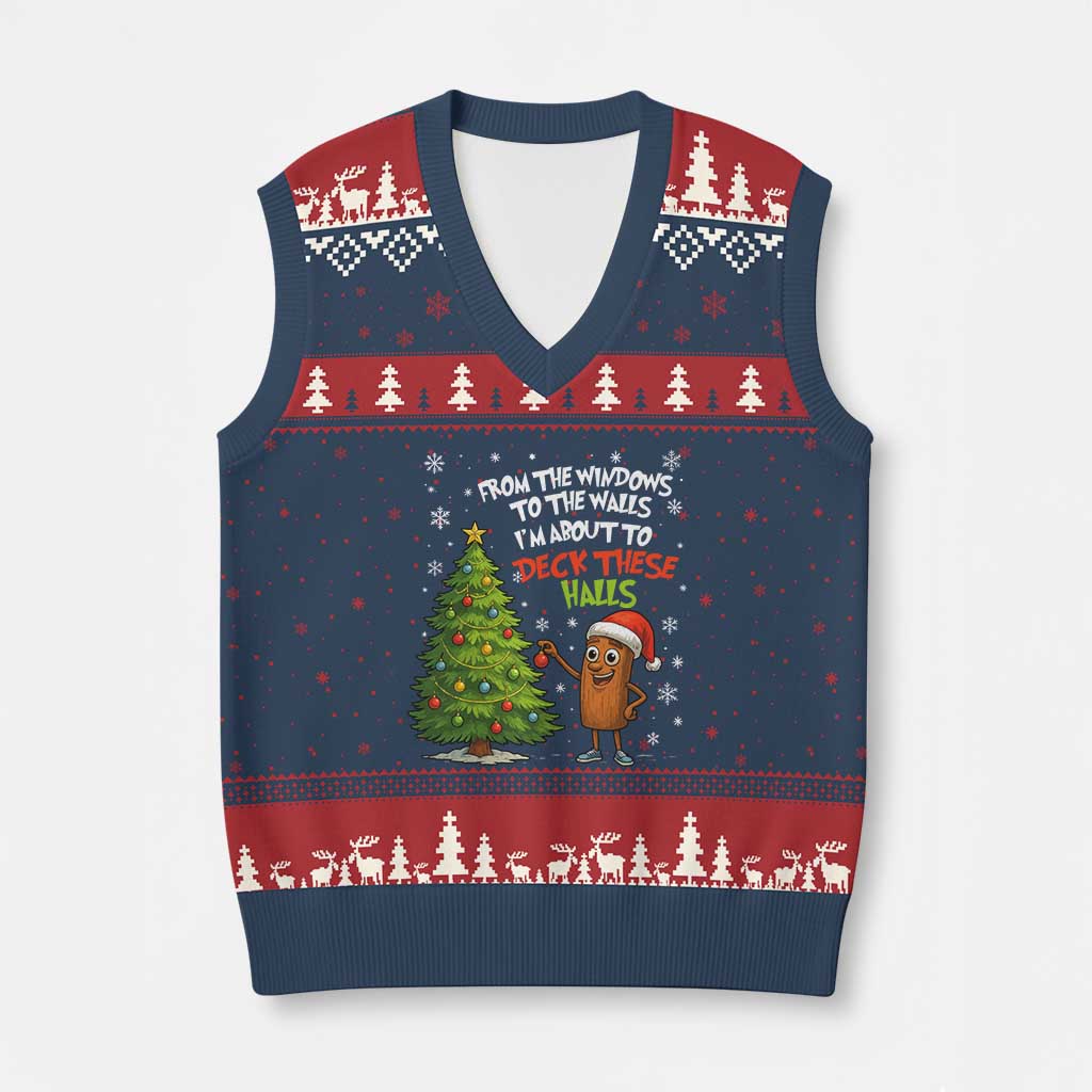 Funny Xmas Italian Brainrot V-Neck Knit Sweater Vest Funny Memes From The Windows to the Walls I'm About To TS10 Navy Red Print Your Wear