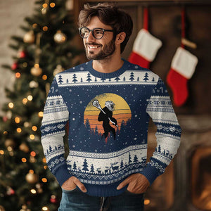 Funny Lax Bigfoot Ugly Christmas Sweater Retro Vintage Sasquatch Lacrosse TS10 Navy Beige Print Your Wear