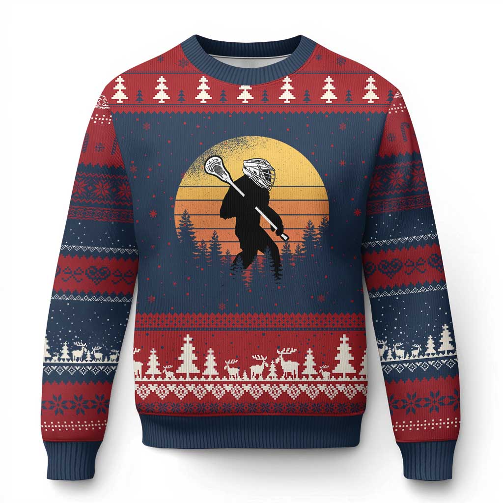 Funny Lax Bigfoot Ugly Christmas Sweater Retro Vintage Sasquatch Lacrosse TS10 Navy Red Print Your Wear