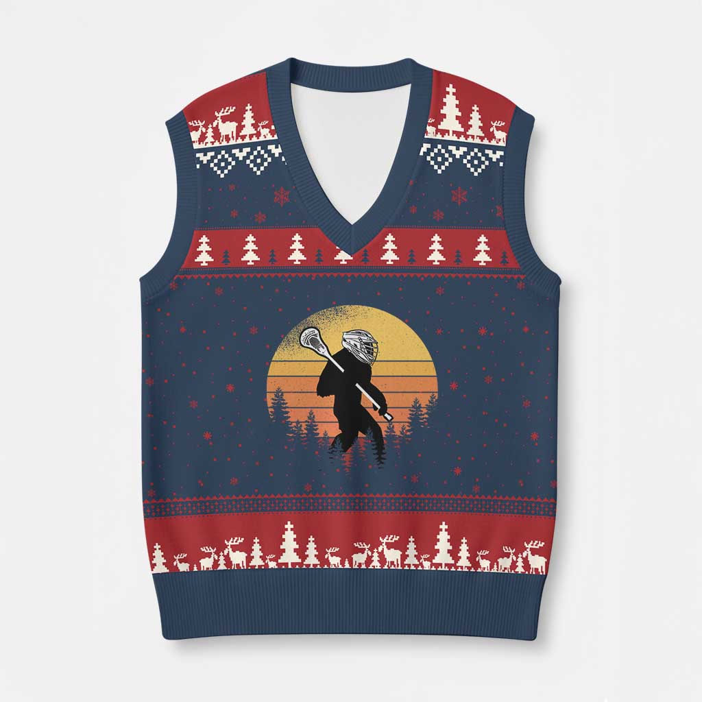 Funny Lax Bigfoot V-Neck Knit Sweater Vest Retro Vintage Sasquatch Lacrosse TS10 Navy Red Print Your Wear