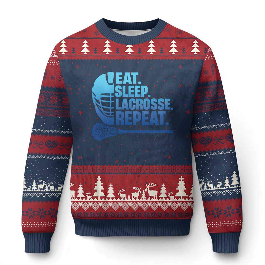 Eat Sleep Lacrosse Repeat Ugly Christmas Sweater Funny Lax Lover Player TS10 Navy Red Print Your Wear