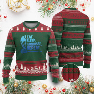 Eat Sleep Lacrosse Repeat Ugly Christmas Sweater Funny Lax Lover Player TS10 Red Green Print Your Wear