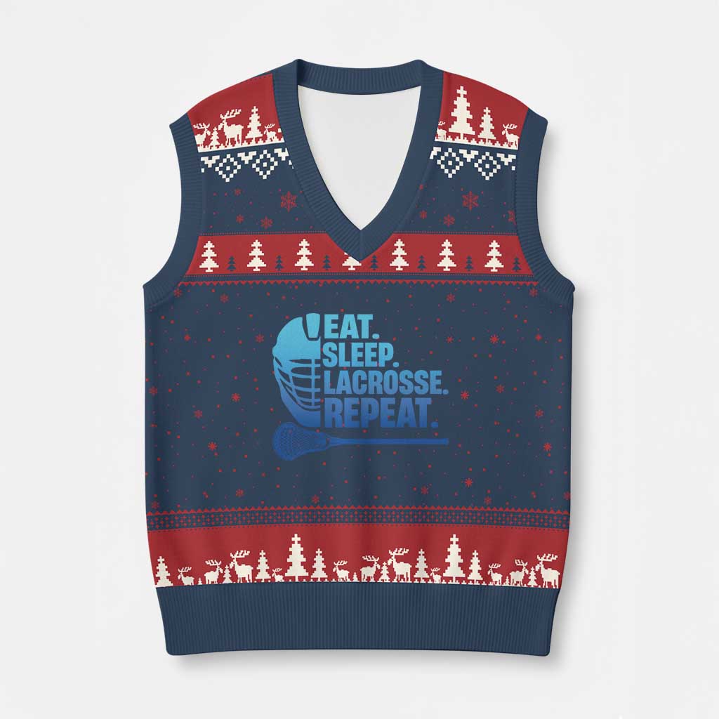Eat Sleep Lacrosse Repeat V-Neck Knit Sweater Vest Funny Lax Lover Player - Print Your Wear