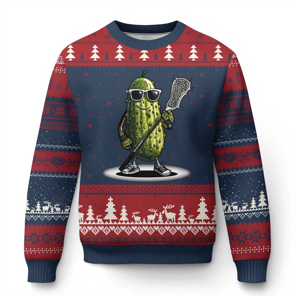 Funny Lacrosse Ugly Christmas Sweater Pickle Playing Lax Lover Player - Print Your Wear