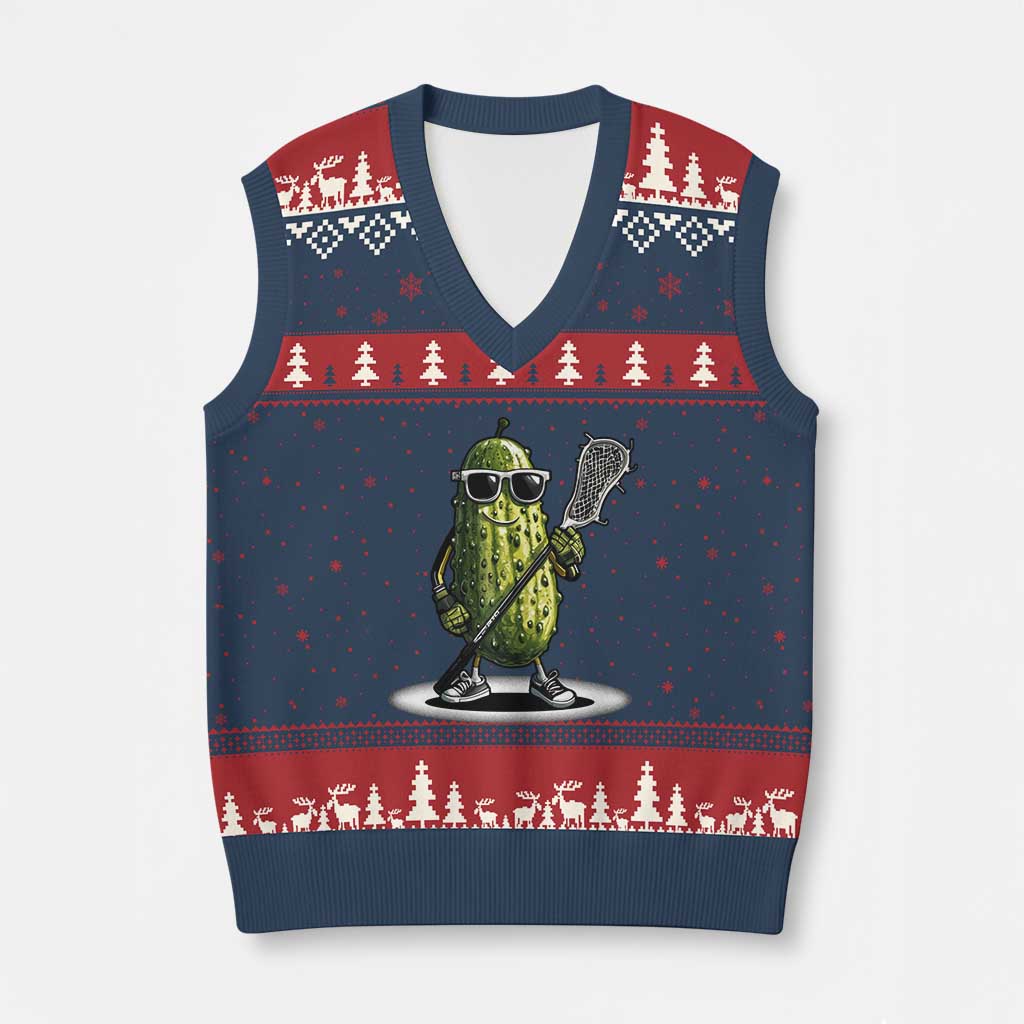 Funny Lacrosse V-Neck Knit Sweater Vest Pickle Playing Lax Lover Player - Print Your Wear