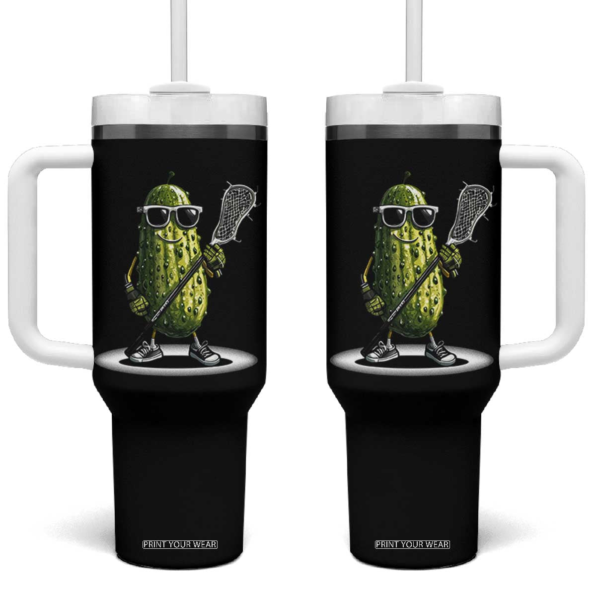 Funny Lacrosse Tumbler With Handle Pickle Playing Lax Lover Player - Print Your Wear