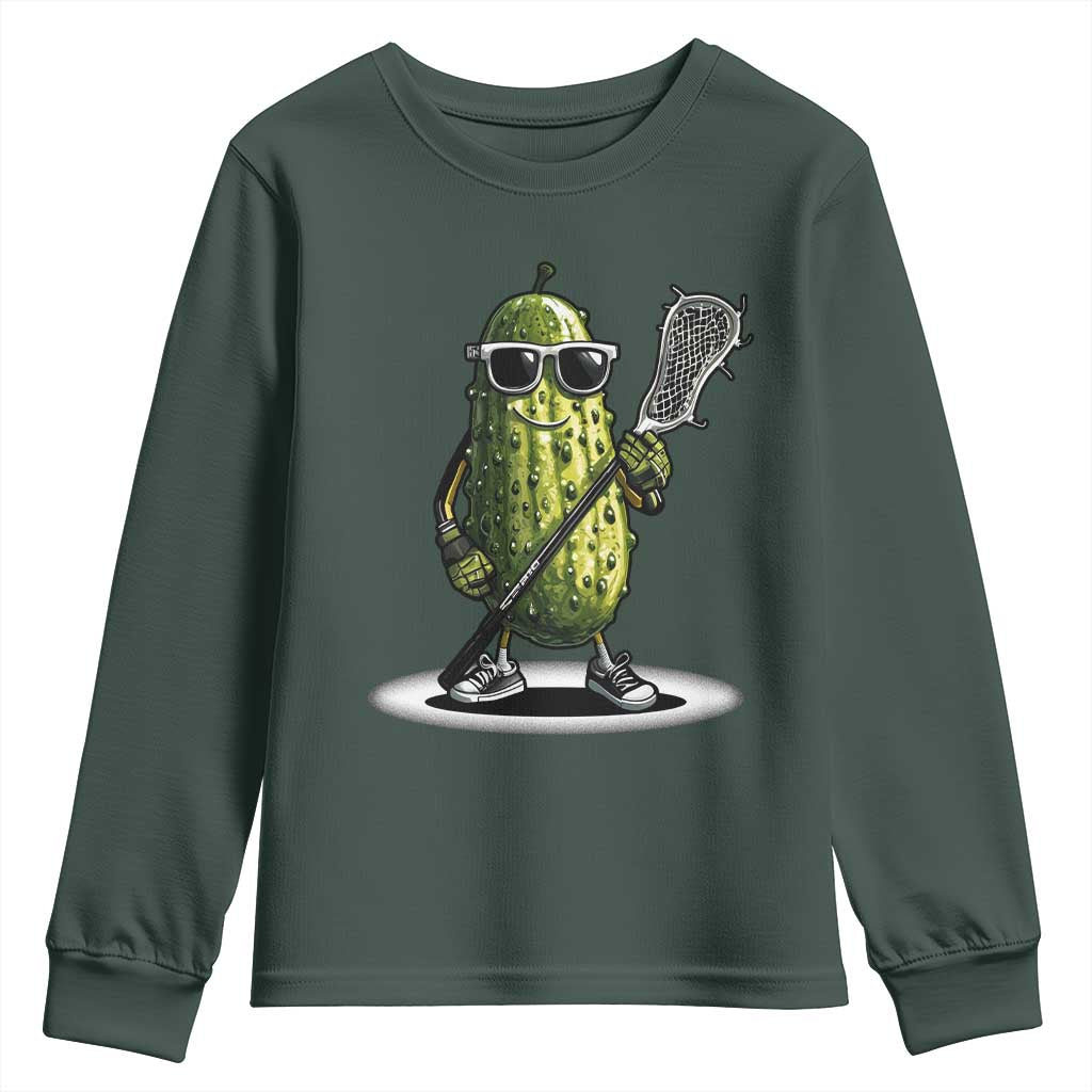 Funny Lacrosse Youth Sweatshirt Pickle Playing Lax Lover Player TS10 Dark Forest Green Print Your Wear