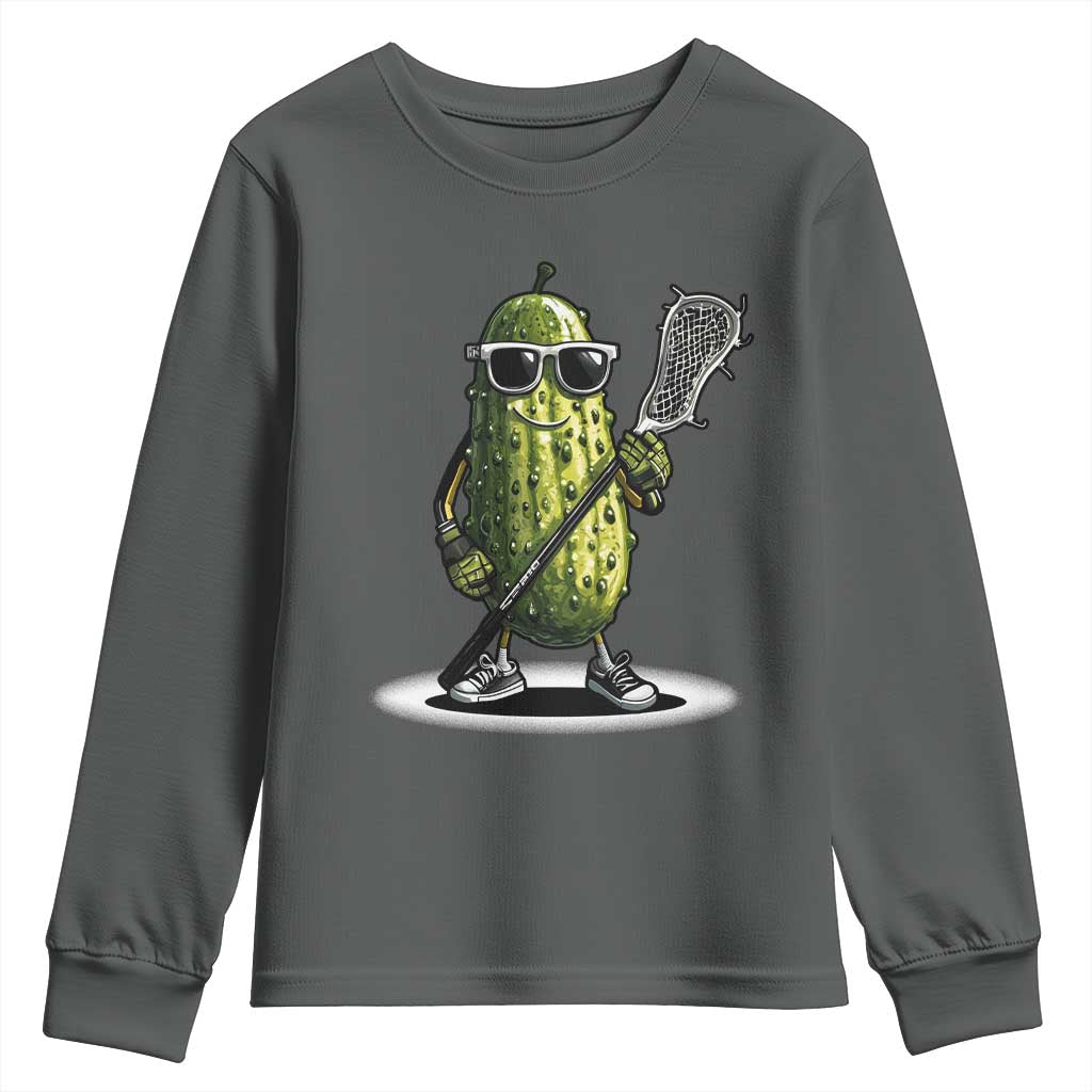 Funny Lacrosse Youth Sweatshirt Pickle Playing Lax Lover Player TS10 Dark Heather Print Your Wear