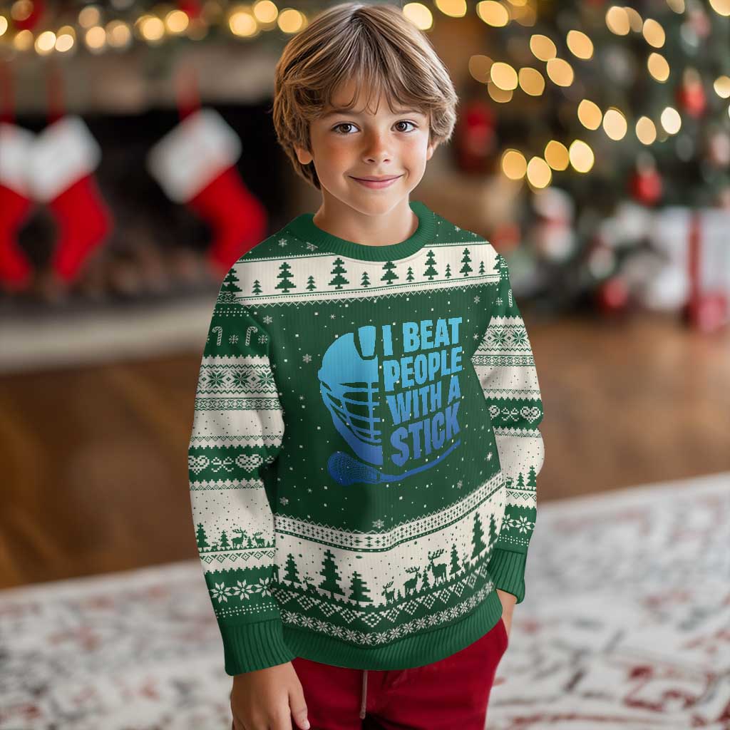 Funny Lacrosse Player Ugly Christmas Sweater I Beat People With A Stick Funny Saying TS10 Forest Green Beige Print Your Wear