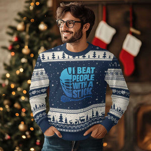Funny Lacrosse Player Ugly Christmas Sweater I Beat People With A Stick Funny Saying TS10 Navy Beige Print Your Wear