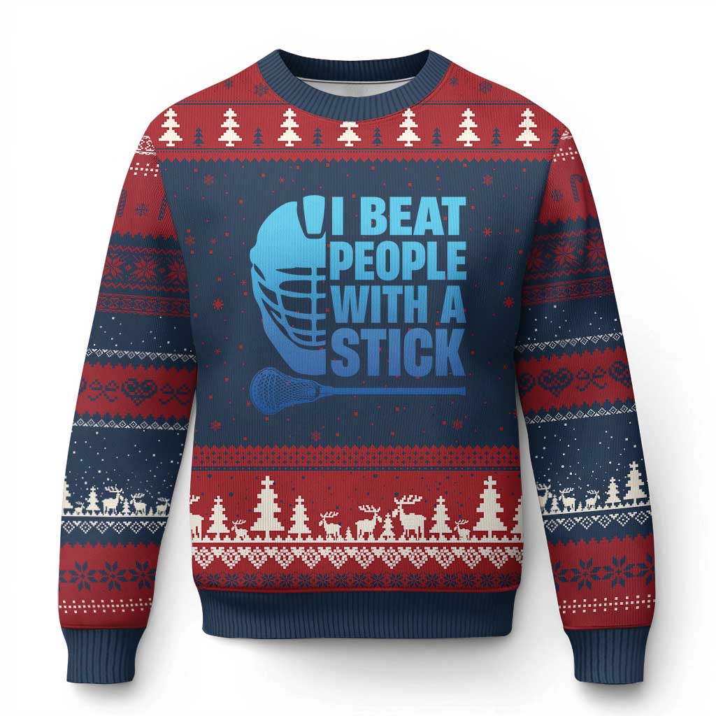 Funny Lacrosse Player Ugly Christmas Sweater I Beat People With A Stick Funny Saying TS10 Navy Red Print Your Wear