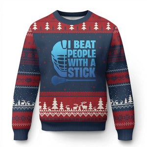 Funny Lacrosse Player Ugly Christmas Sweater I Beat People With A Stick Funny Saying TS10 Navy Red Print Your Wear