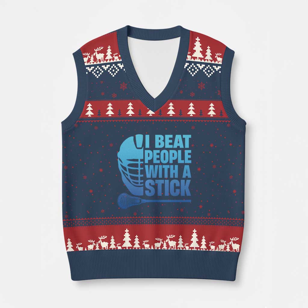 Funny Lacrosse Player V-Neck Knit Sweater Vest I Beat People With A Stick Funny Saying TS10 Navy Red Print Your Wear