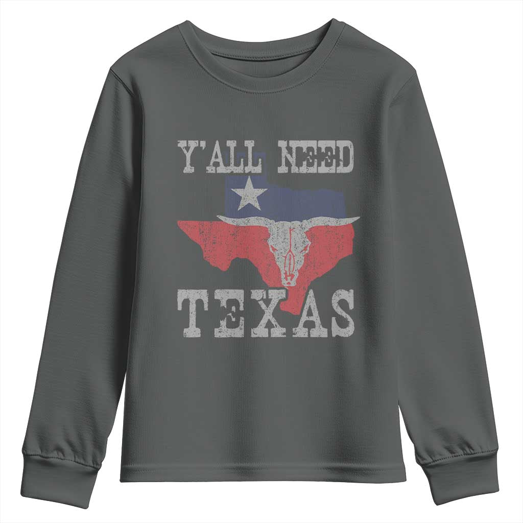 Yall Need Texas Youth Sweatshirt State Map Vintage TS10 Dark Heather Print Your Wear