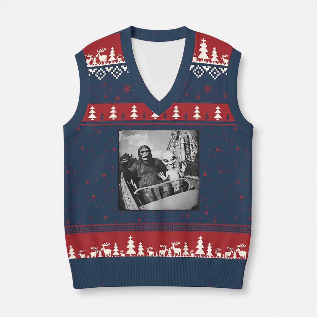 Funny Bigfoot Alien V-Neck Knit Sweater Vest Sasquatch UFO Coaster TS10 Navy Red Print Your Wear