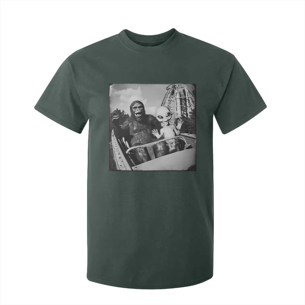 Funny Bigfoot Alien T Shirt For Kid Sasquatch UFO Coaster TS10 Dark Forest Green Print Your Wear