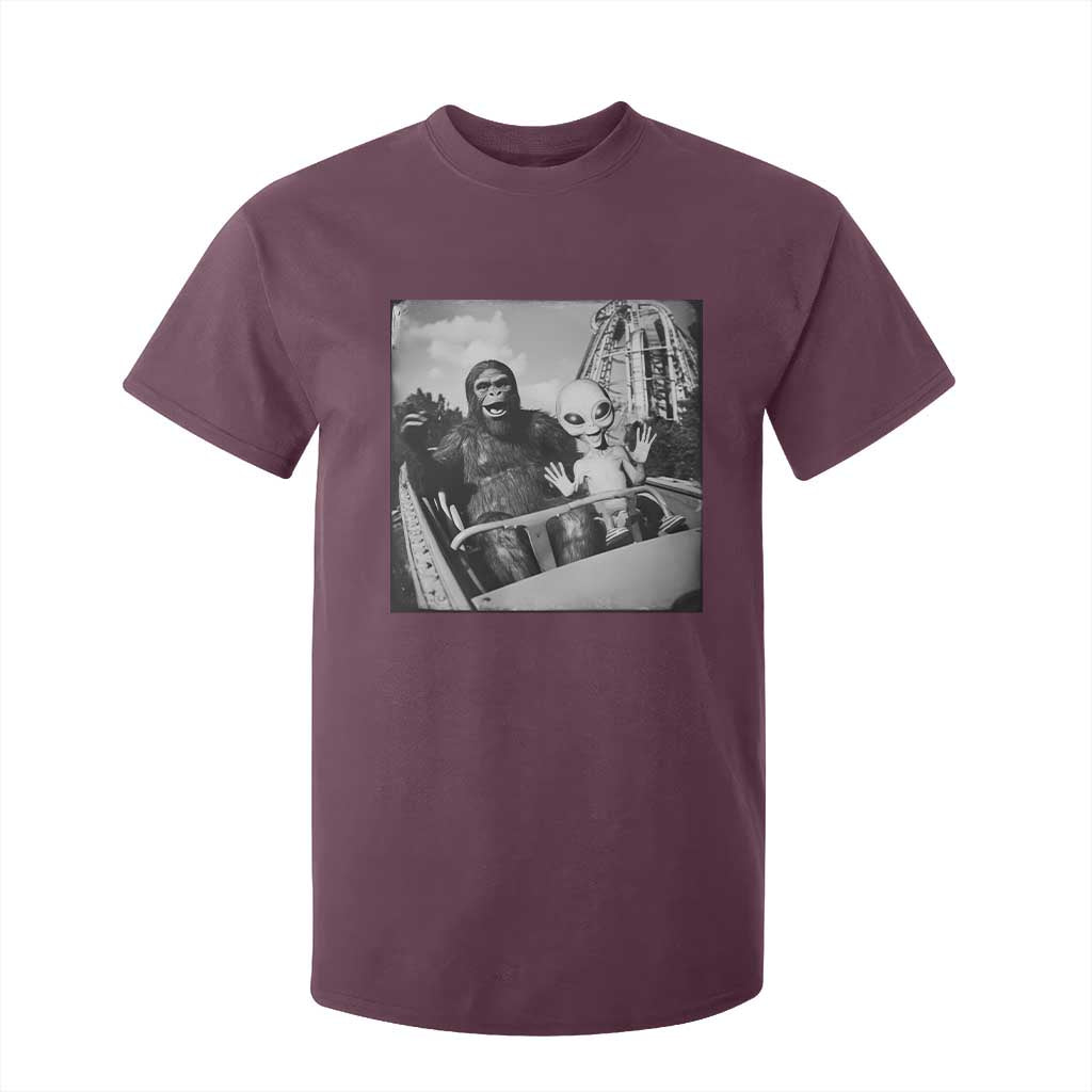 Funny Bigfoot Alien T Shirt For Kid Sasquatch UFO Coaster TS10 Maroon Print Your Wear