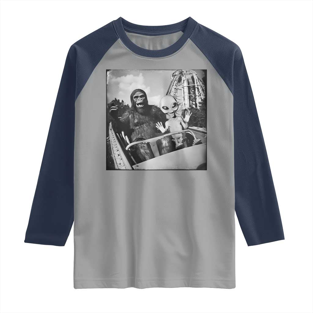 Funny Bigfoot Alien Raglan Shirt Sasquatch UFO Coaster TS10 Sport Gray Navy Print Your Wear