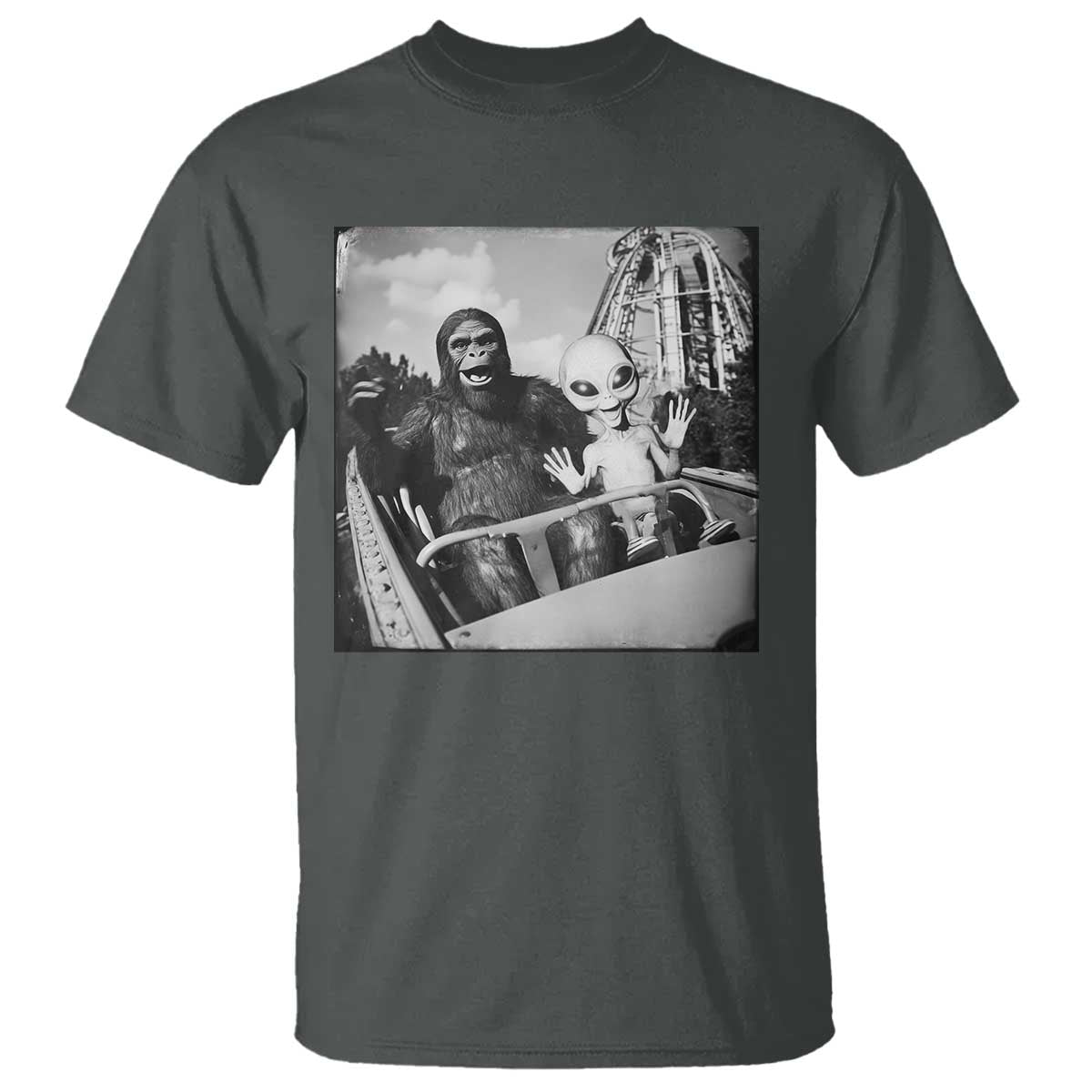 Funny Bigfoot Alien T Shirt Sasquatch UFO Coaster TS10 Dark Heather Print Your Wear