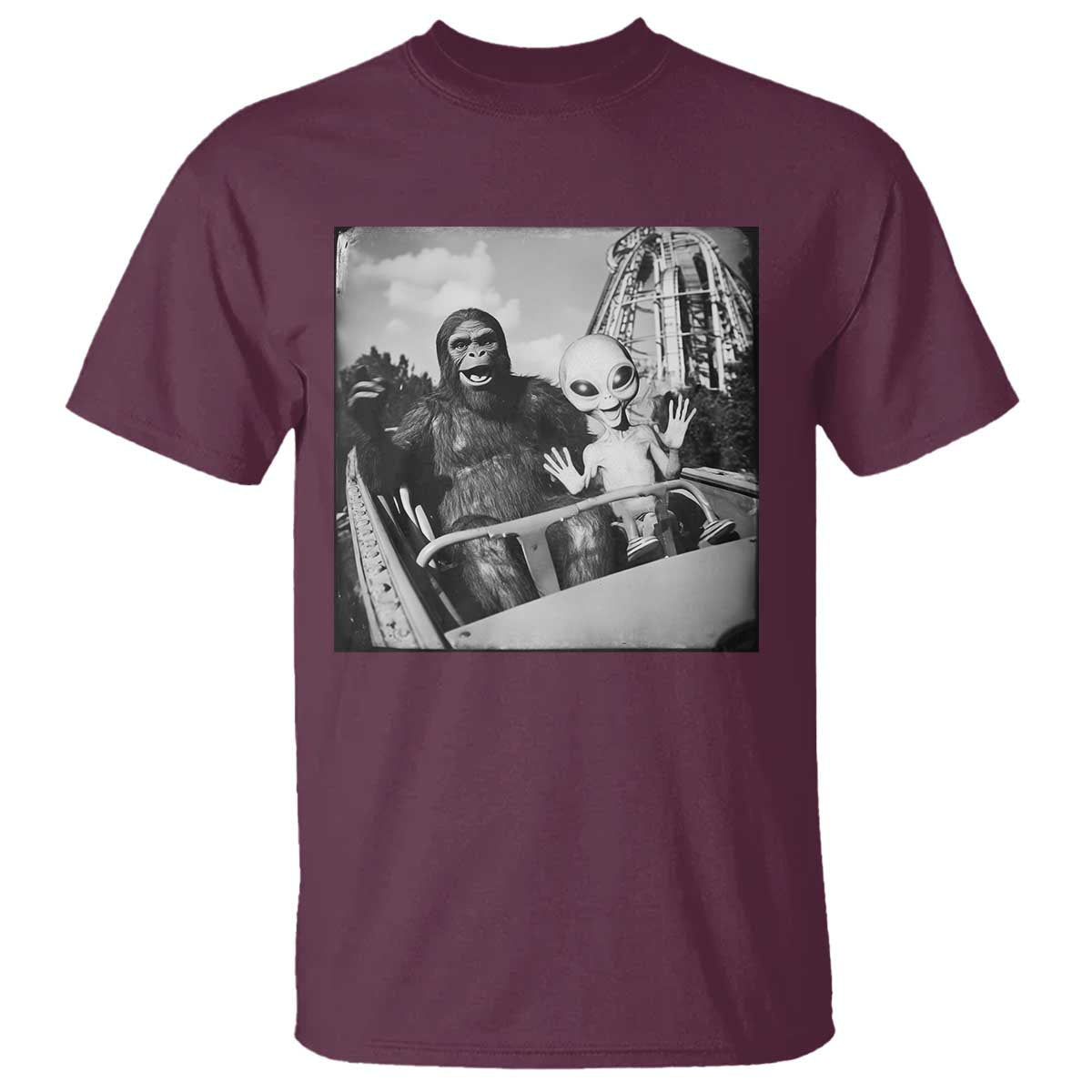 Funny Bigfoot Alien T Shirt Sasquatch UFO Coaster TS10 Maroon Print Your Wear
