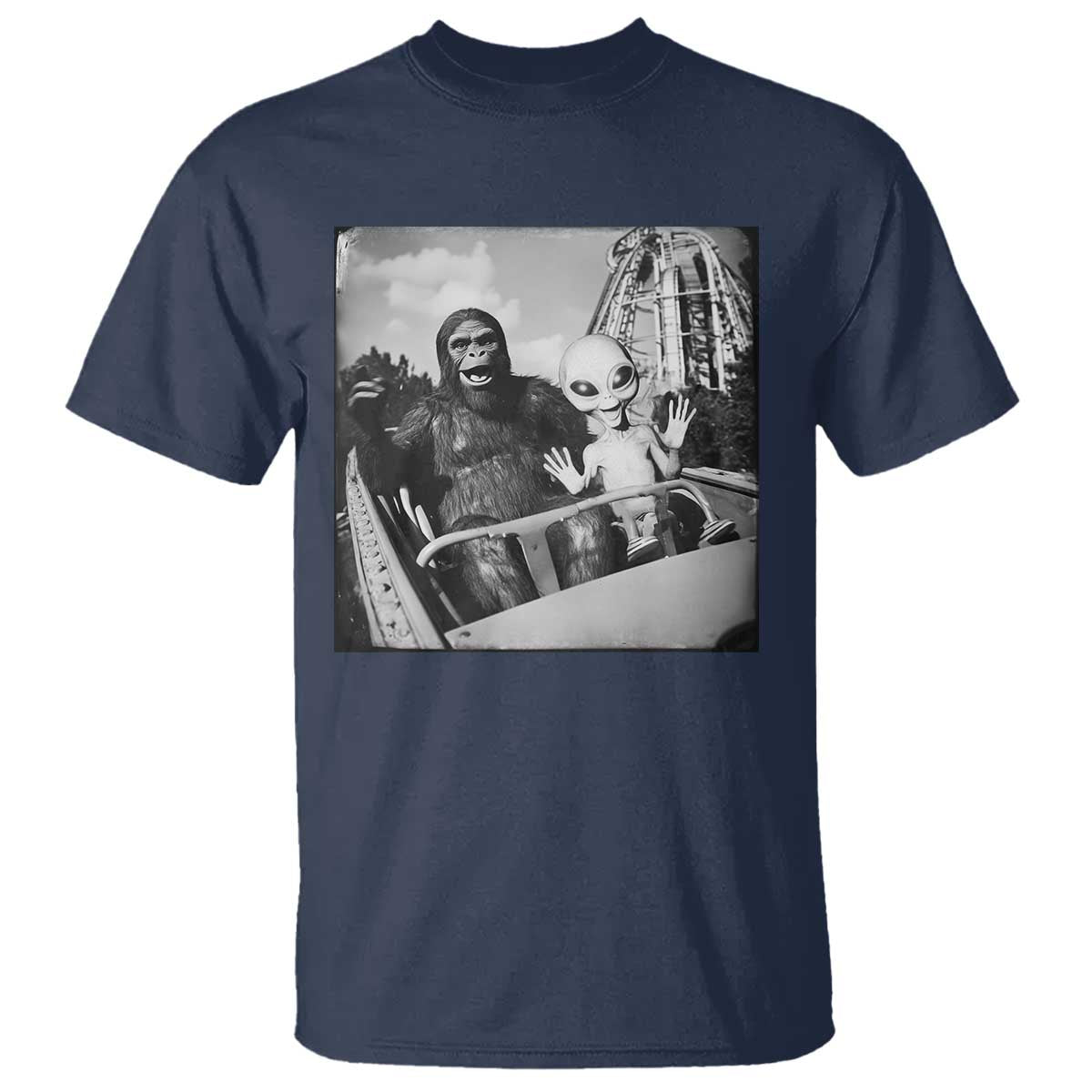 Funny Bigfoot Alien T Shirt Sasquatch UFO Coaster TS10 Navy Print Your Wear