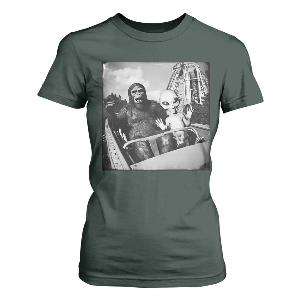 Funny Bigfoot Alien T Shirt For Women Sasquatch UFO Coaster TS10 Dark Forest Green Print Your Wear
