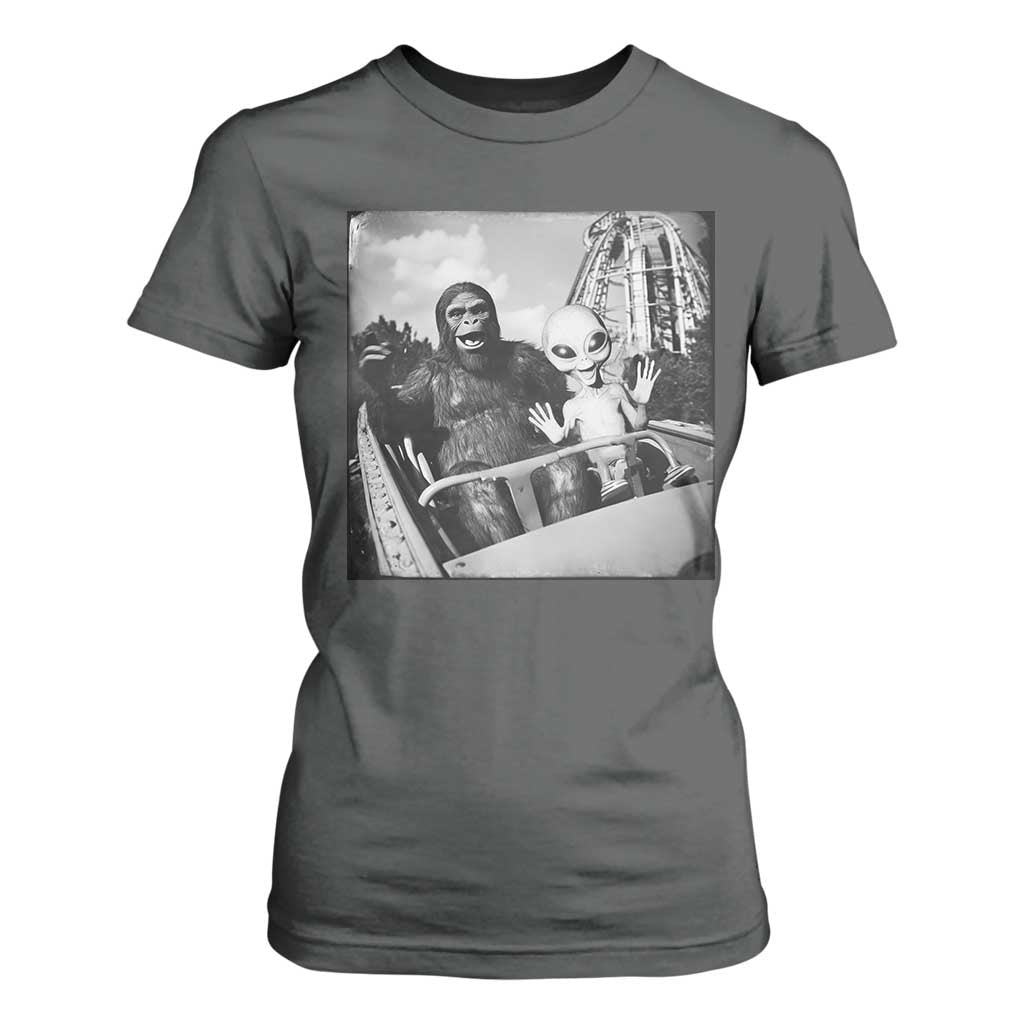 Funny Bigfoot Alien T Shirt For Women Sasquatch UFO Coaster TS10 Dark Heather Print Your Wear