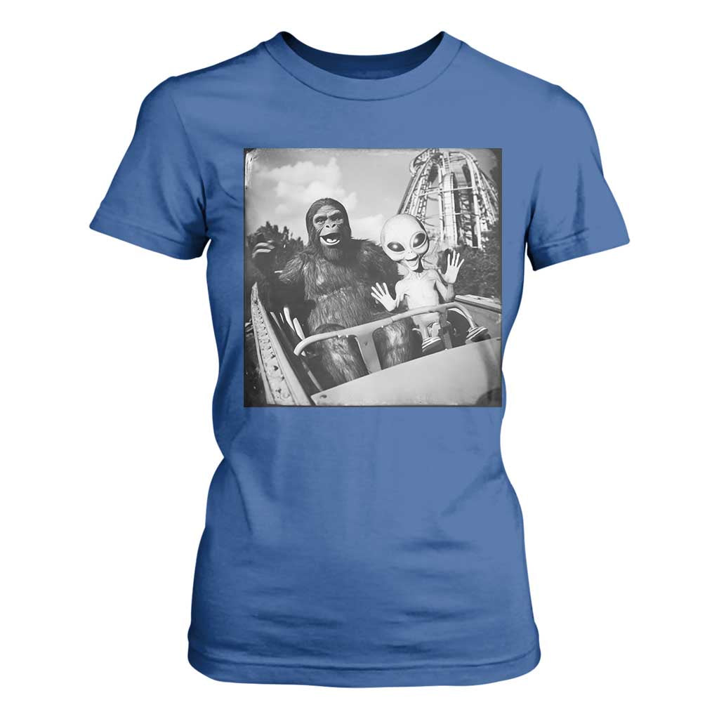 Funny Bigfoot Alien T Shirt For Women Sasquatch UFO Coaster TS10 Royal Blue Print Your Wear