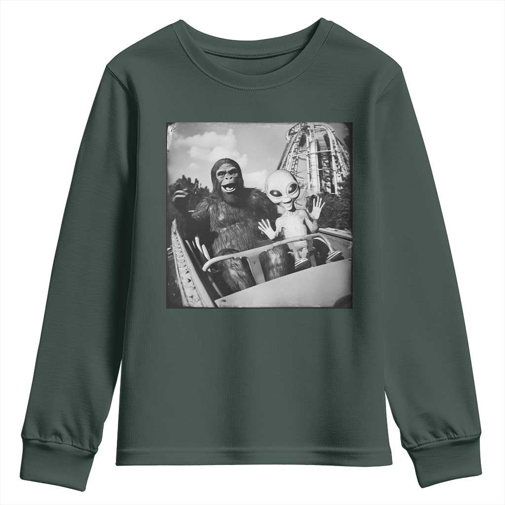 Funny Bigfoot Alien Youth Sweatshirt Sasquatch UFO Coaster TS10 Dark Forest Green Print Your Wear