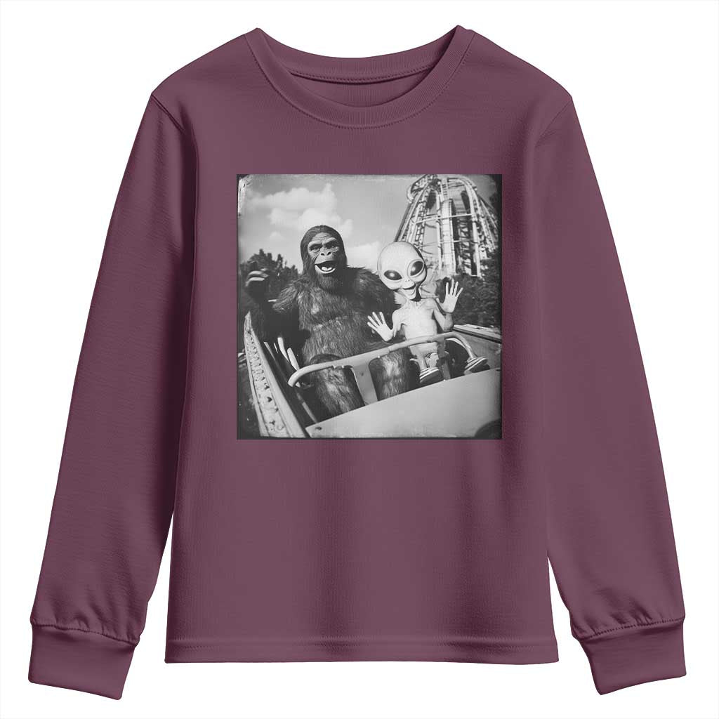 Funny Bigfoot Alien Youth Sweatshirt Sasquatch UFO Coaster TS10 Maroon Print Your Wear
