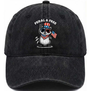 Funny Raccoon July 4th Washed Cotton Baseball Cap Patriotic Trash Panda Feral But Free TS10 Washed Cap Universal Fit Black Print Your Wear