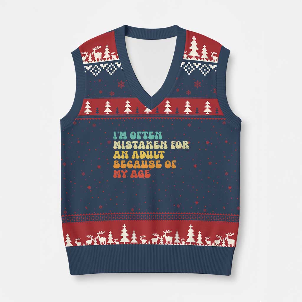 Im Often Mistaken For An Adult Because Of My Age V-Neck Knit Sweater Vest Sarcastic Quote Funny Saying Old Guys Birthday Gifts TS10 Navy Red Print Your Wear