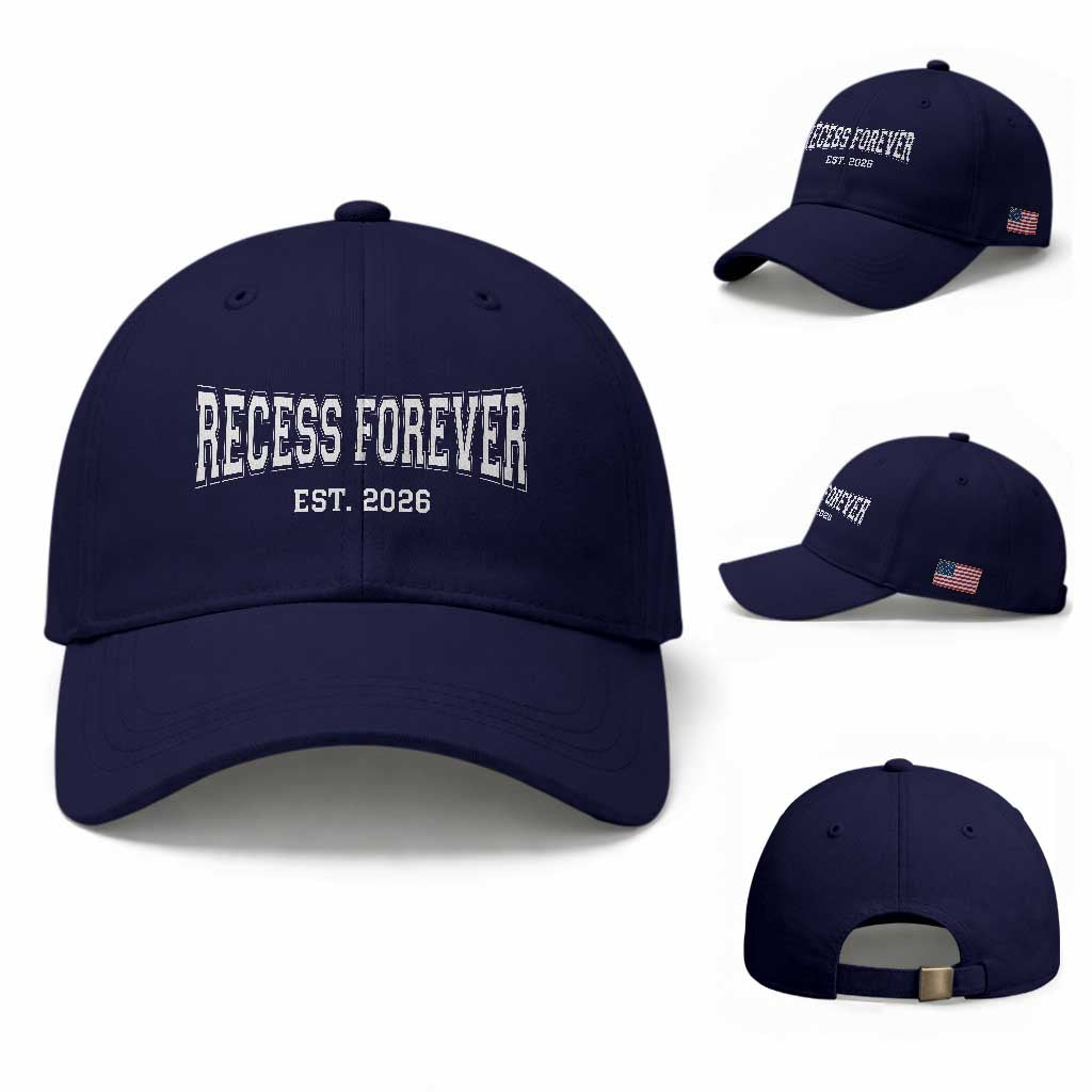 Retired Teacher Baseball Cap Retro Varsity Vintage Recess Forever Retirement 2026 TS10 Baseball Cap Universal Fit Dark Blue Print Your Wear