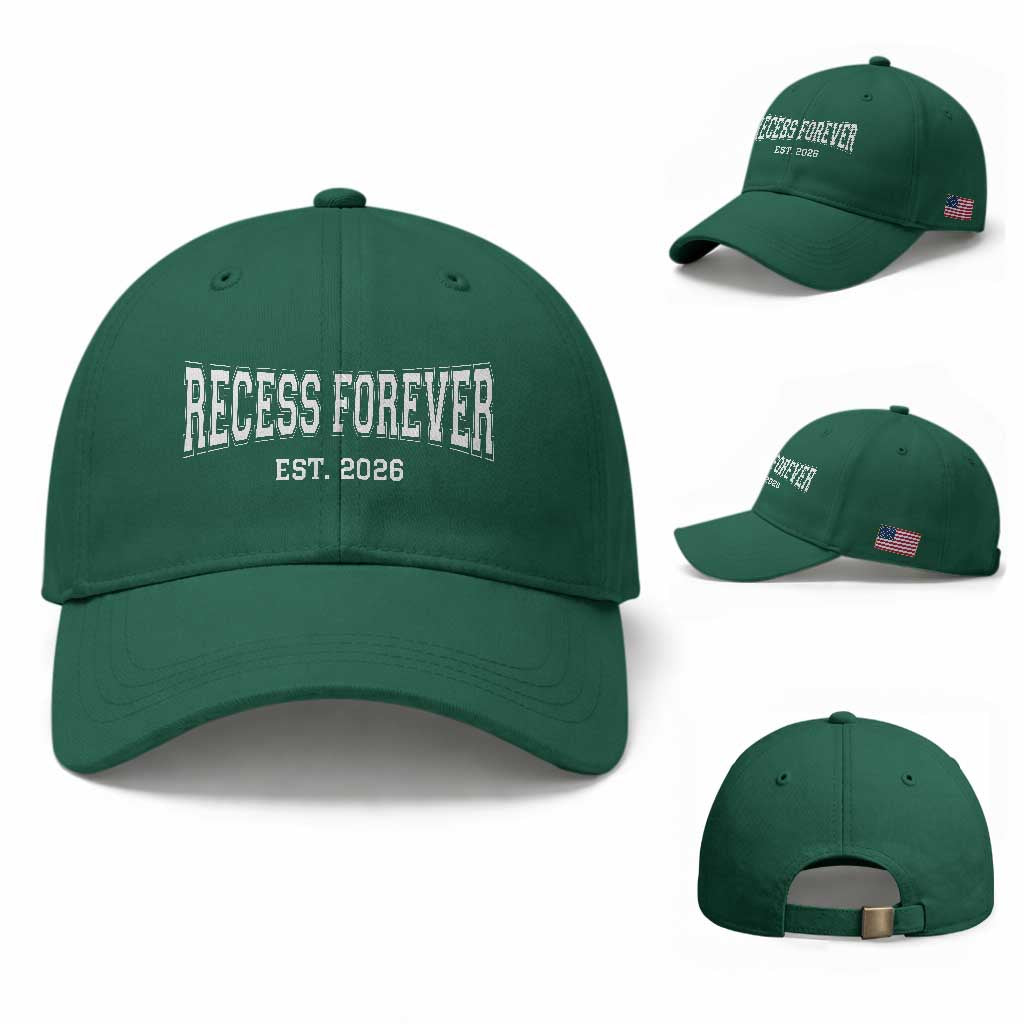Retired Teacher Baseball Cap Retro Varsity Vintage Recess Forever Retirement 2026 TS10 Baseball Cap Universal Fit Irish Green Print Your Wear