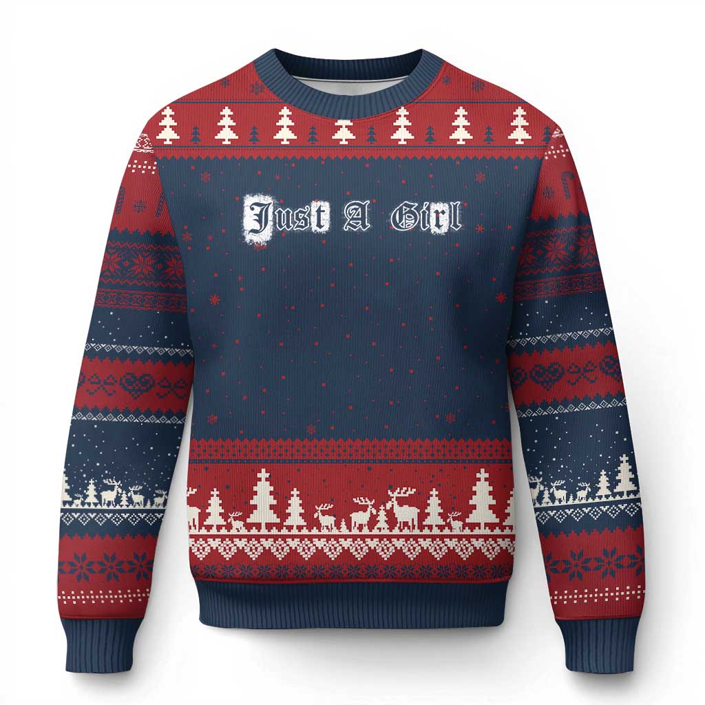 Just A Girl Ugly Christmas Sweater Gothic Blackletter Typography Design TS10 Navy Red Print Your Wear