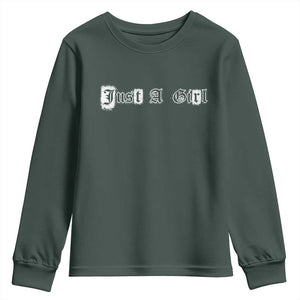 Just A Girl Youth Sweatshirt Gothic Blackletter Typography Design TS10 Dark Forest Green Print Your Wear