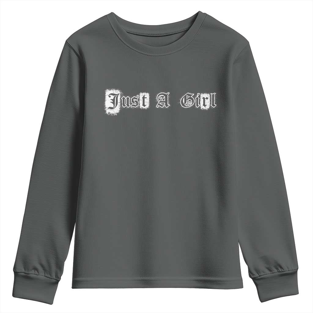 Just A Girl Youth Sweatshirt Gothic Blackletter Typography Design TS10 Dark Heather Print Your Wear
