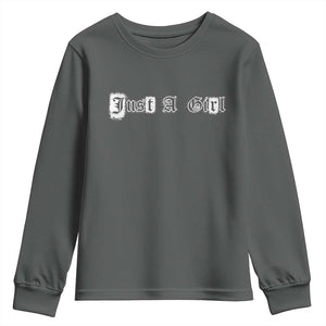 Just A Girl Youth Sweatshirt Gothic Blackletter Typography Design TS10 Dark Heather Print Your Wear