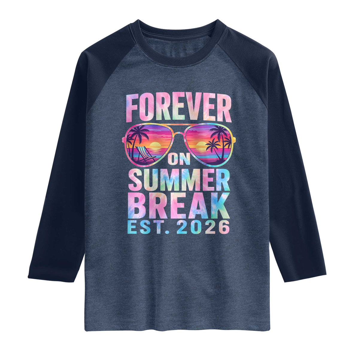 Retired Teacher Raglan Shirt Forever On Summer Break Retirement 2026 TS10 Heather Denim Navy Print Your Wear
