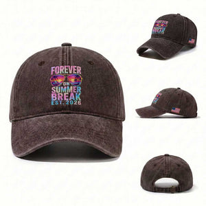 Retired Teacher Washed Cotton Baseball Cap Forever On Summer Break Retirement 2026 TS10 Washed Cap Universal Fit Dark Brown Print Your Wear