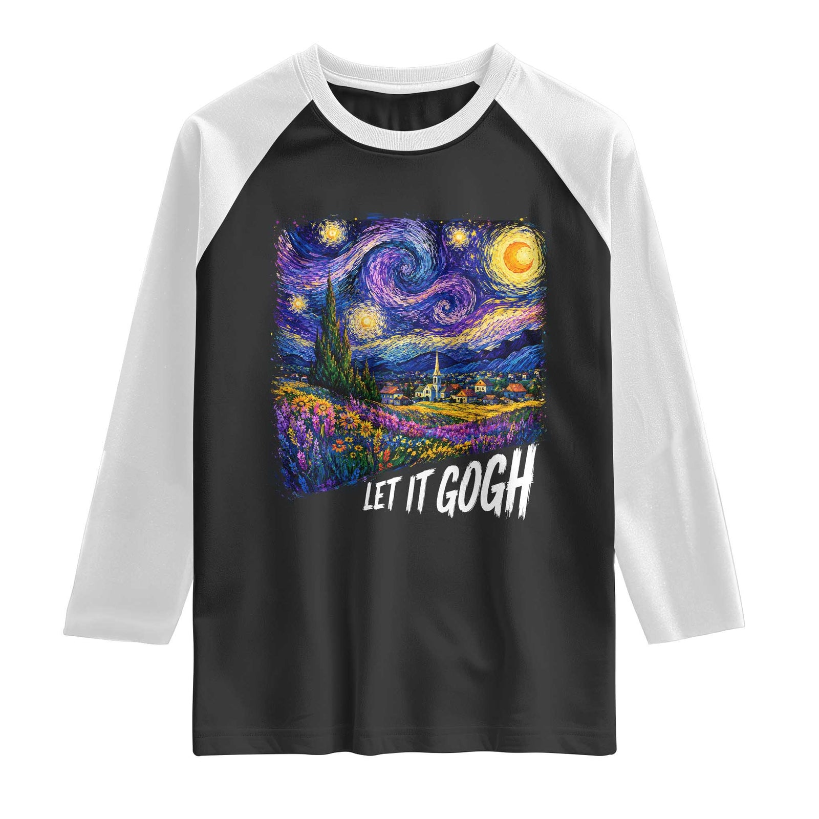 Let it Gogh Funny Vincent Van Gogh Starry Night Raglan Shirt TS10 Black White Print Your Wear