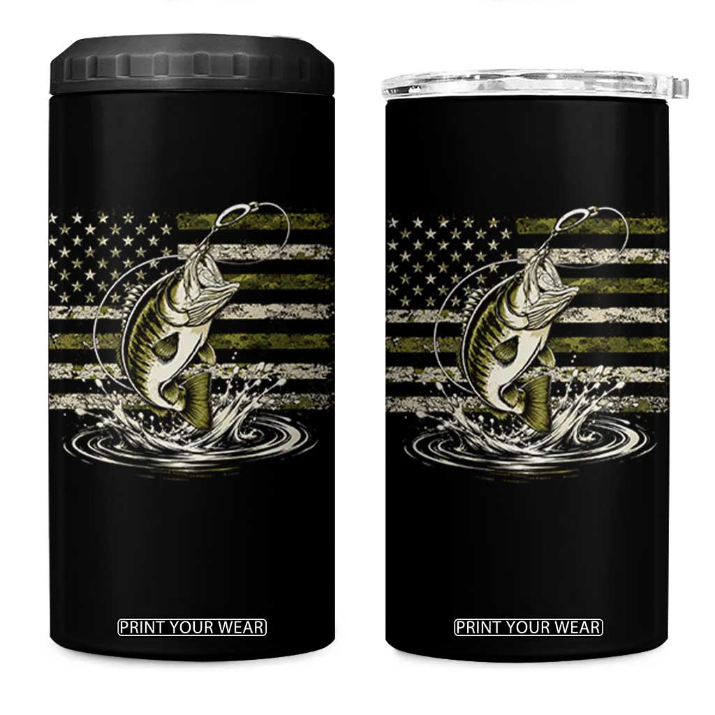 Vintage Bass Fishing Camouflage 4 in 1 Can Cooler Tumbler Patriotic Largemouth Bass Angler Fishing Lovers Fisherman Camo US Flag