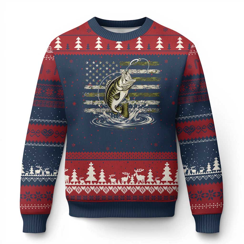 Vintage Bass Fishing Camouflage Ugly Christmas Sweater Patriotic Largemouth Bass Angler Fishing Lovers Fisherman Camo US Flag
