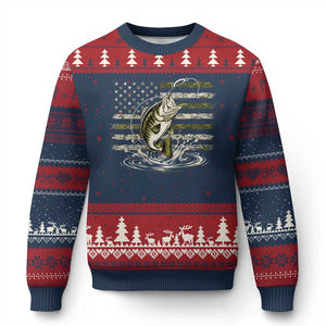 Vintage Bass Fishing Camouflage Ugly Christmas Sweater Patriotic Largemouth Bass Angler Fishing Lovers Fisherman Camo US Flag
