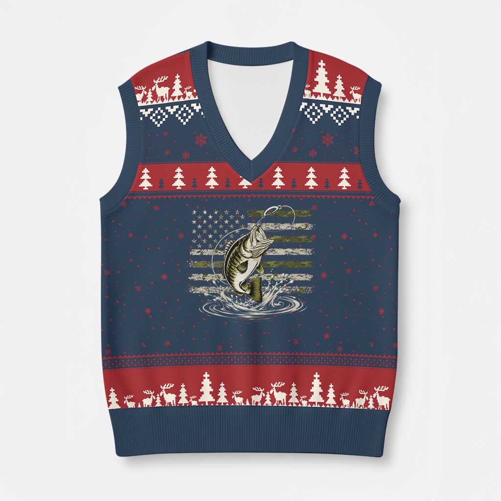 Vintage Bass Fishing Camouflage V-Neck Knit Sweater Vest Patriotic Largemouth Bass Angler Fishing Lovers Fisherman Camo US Flag