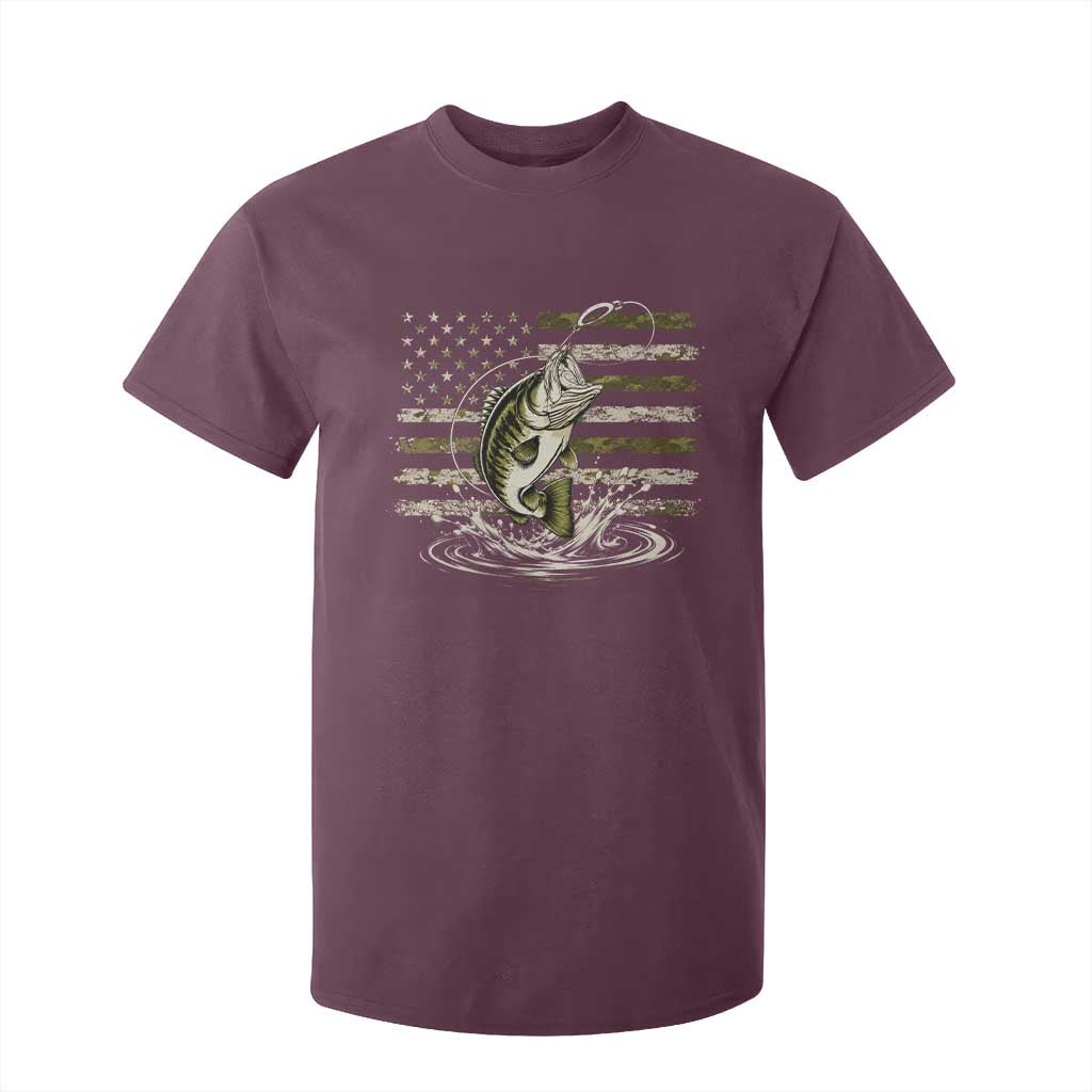 Vintage Bass Fishing Camouflage T Shirt For Kid Patriotic Largemouth Bass Angler Fishing Lovers Fisherman Camo US Flag